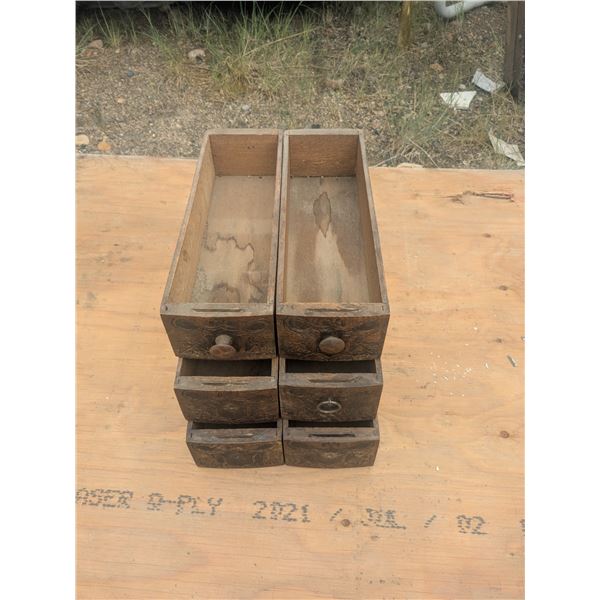 set of 6 vintage drawers, from sewing desk, outside dimensions 15"x5"x3.5"