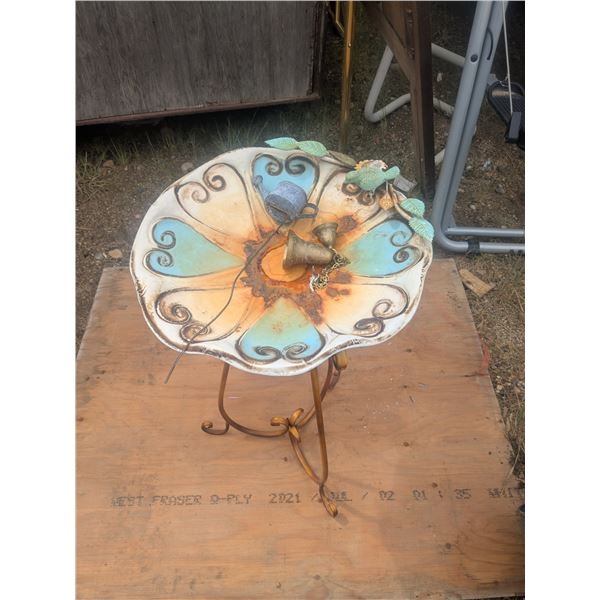 Tin bird bath, water can lawn ornament, brass bells