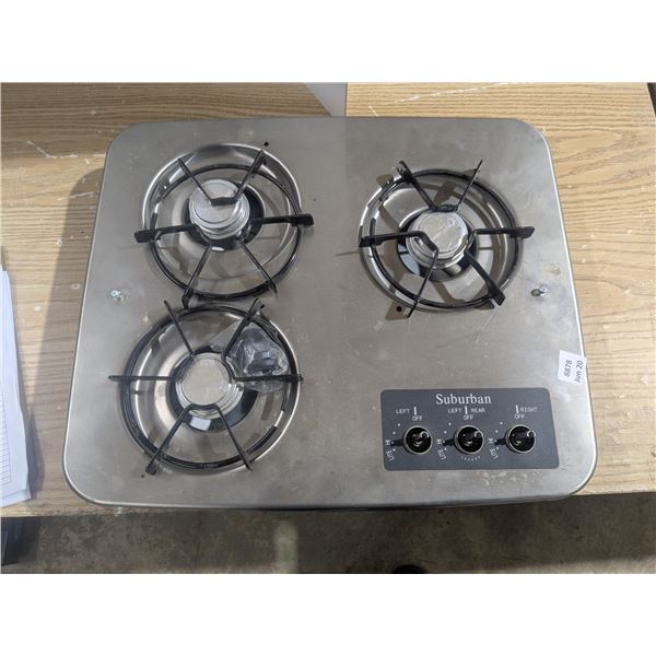 3 burner propane cooktop, no hose.