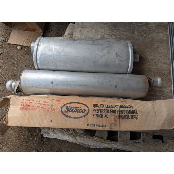 3 mufflers, 1- 8x12x28", dual 3" inlet x single 4" outlet,  2-7x7x35", 2.5" straight through