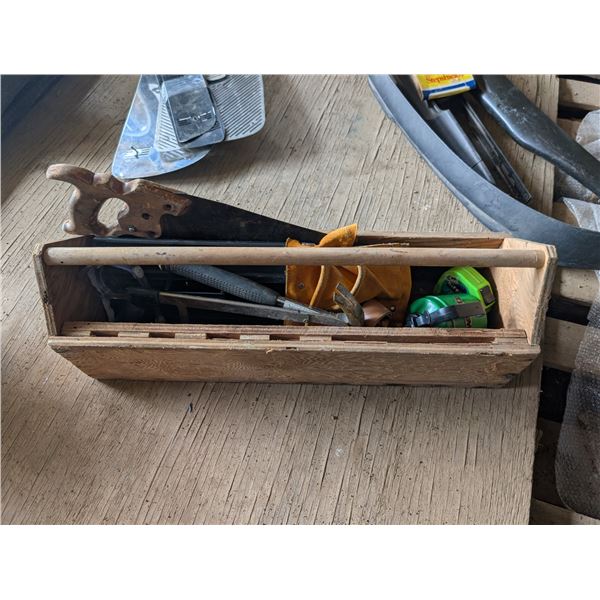 Vintage Wood Tool Box w/ Misc. hardware/Tools