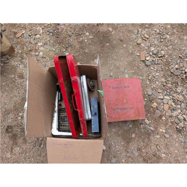Box of Vintage Tool Hardware Boxes, First Aid Box, and etc.