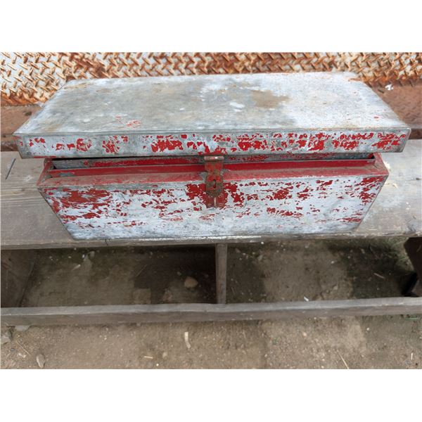 Vintage Red Tool box w/ Misc. Tools/Hardware (nails, Wrench, and etc.)