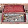 Image 2 : Vintage Red Tool box w/ Misc. Tools/Hardware (nails, Wrench, and etc.)