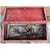 Image 3 : Vintage Red Tool box w/ Misc. Tools/Hardware (nails, Wrench, and etc.)