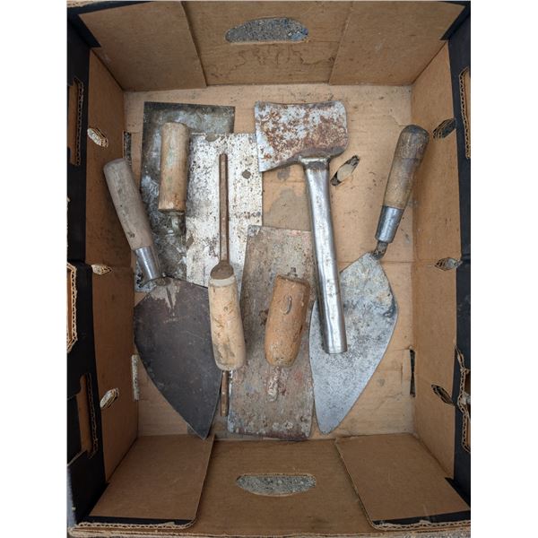 Box of Vintage Concrete Smoothers, handmade Metal hatchet, and etc.)
