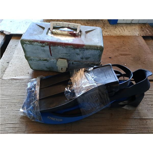 tackle box with tackle (hooks, filet knife, bobbers, etc.) and set of flippers