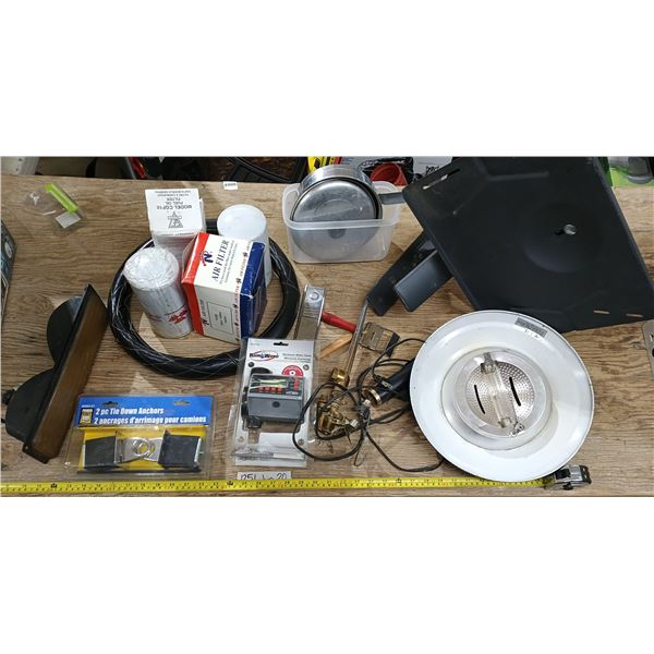 Assorted hardware & tools - tie down anchors, electronic water timer, sprinkler, filters, etc.