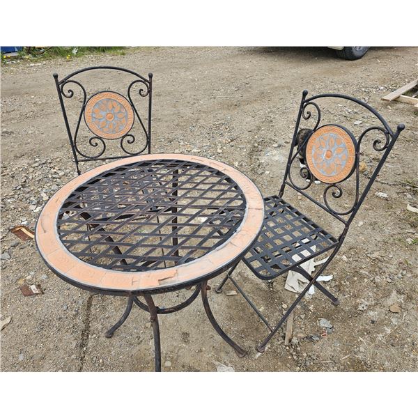 Metal Outdoor Dining Set.  24" Diameter Table, (2) Folding Chairs