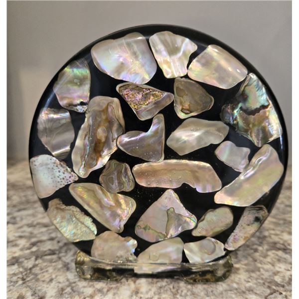 27 - Vintage black Lucite and abalone seashell napkin/letter holder from 1960s.  5 1/2" tall be 5 1/