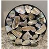Image 1 : 27 - Vintage black Lucite and abalone seashell napkin/letter holder from 1960s.  5 1/2" tall be 5 1/