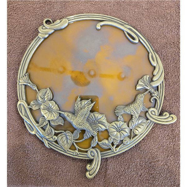 28 - 9" round hummingbird picture frame/mirror with floral design.  Metal frame appears to be brass.
