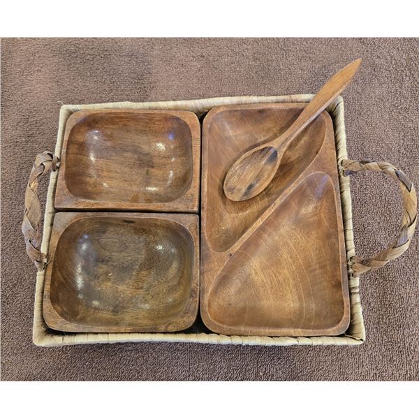 29 - Vintage MCM snack serving set.  Monkey pod wood, hand carved in the Philippines with woven wick