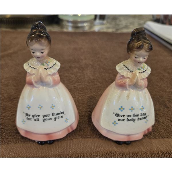 30 - Vintage Enesco Prayer Lady salt and pepper shakers.  4 1/2" high.  Stamped Japan.  Missing cork
