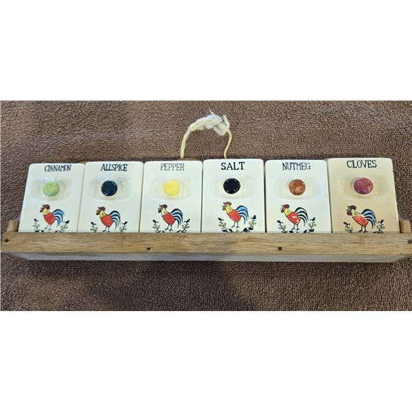 31 - Vintage 1950s MCM ceramic rooster spice rack set. 6 spice containers in wooden rack.  13"x4".  