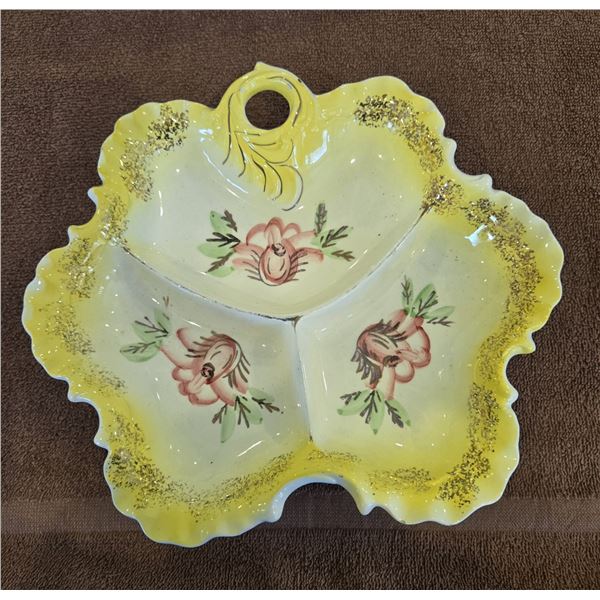 34 - Vintage yellow floral divided snack bowl.  Stamped Japan.