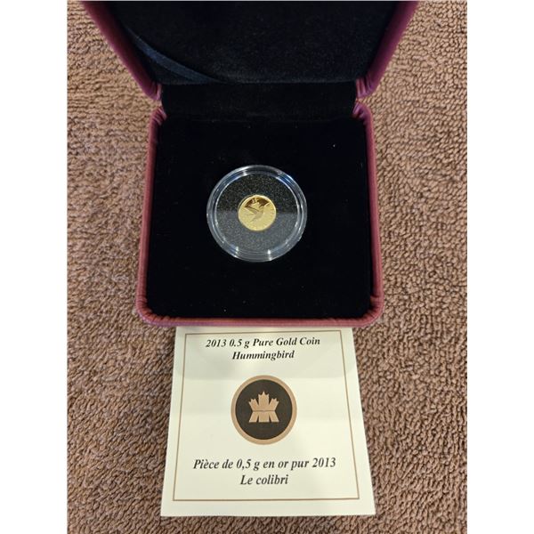 40 - RCM 2013 fine gold coin, hummingbird design 25 cent pure gold. Original box and COA.