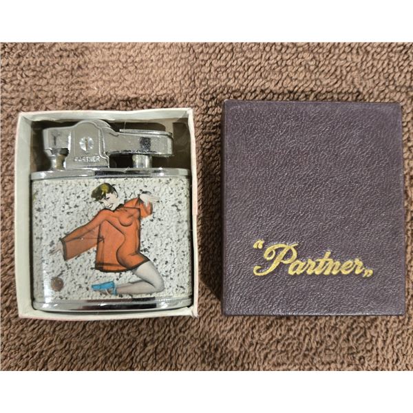 47 - Vintage Partner brand lighter in original box.  Appears to be unused.  1950s era pin-up girl.