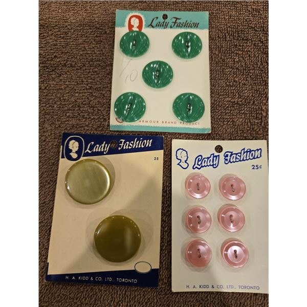 48 - Lot of vintage buttons on original cards.  Lady Fashion brand from H. A. Kidd & Co. Ltd. of Tor