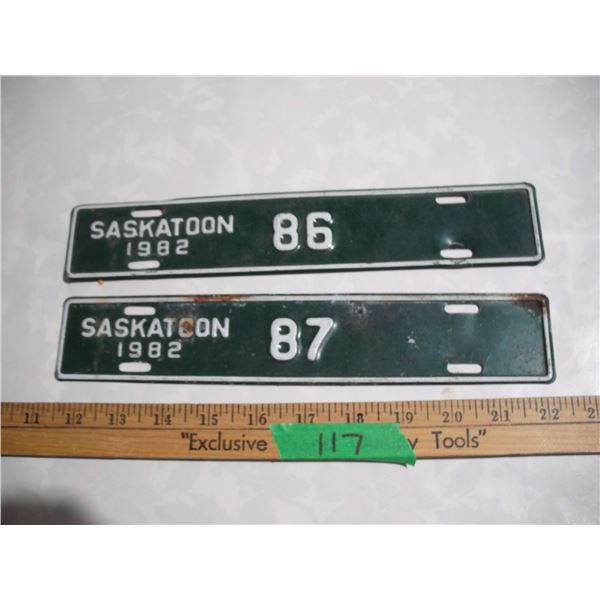 (2) 1982 Saskatoon License Plates