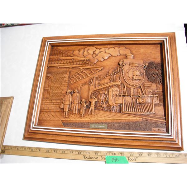 “At the Station” by Kim Murray Wooden Carving Wall Hanging, 15”x 19[x=#82