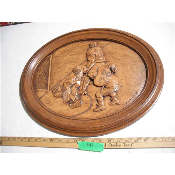 “He Scores” by Kim Murray Wooden Carving Wall Hanging, 16”x 19.75[x=#8221