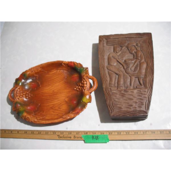 Vintage Wooden Mancala Game Board & Wooden Carved Plate