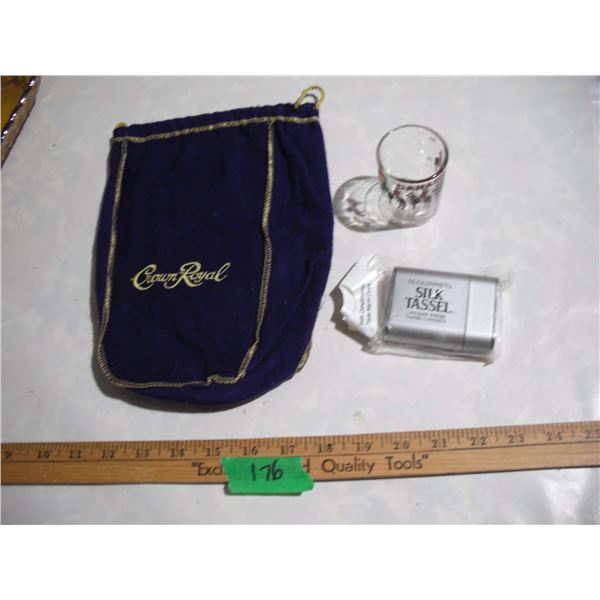 Crown Royal Bag, Silk Tassel Alarm Clock, Shot Glass