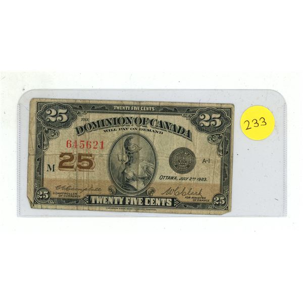 1923 Dominion of Canada 25 Cents Shinplaster.