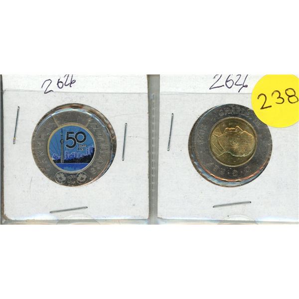 2026 Canadian $2 coins ("toonies") celebrating the 50th anniversary of the CN Tower - Coloured and U