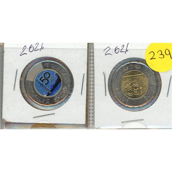 2026 Canadian $2 coins ("toonies") celebrating the 50th anniversary of the CN Tower - Coloured and U