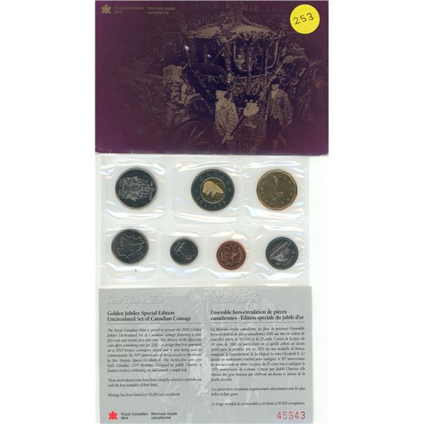 2002 Royal Canadian Mint Queen Elizabeth II Golden Jubilee Special Edition Uncirculated Coin Set.