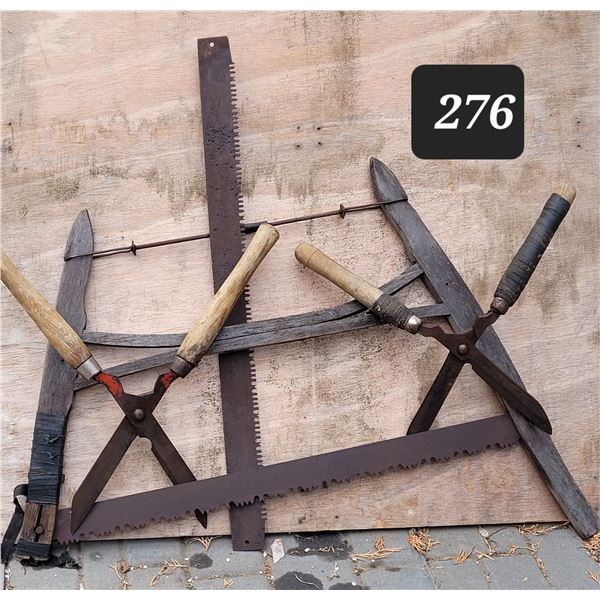 Antique saw & blade. Vintage hedge clippers.