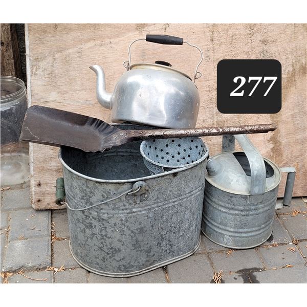 Galvanized mop pail, watering can. Kettle & coal shovel.