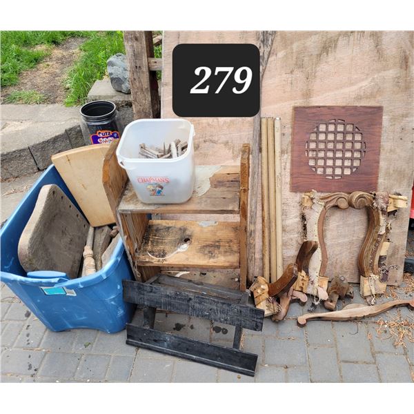 Wood lot. Vtg. Chair parts, shelf clothes pins etc.