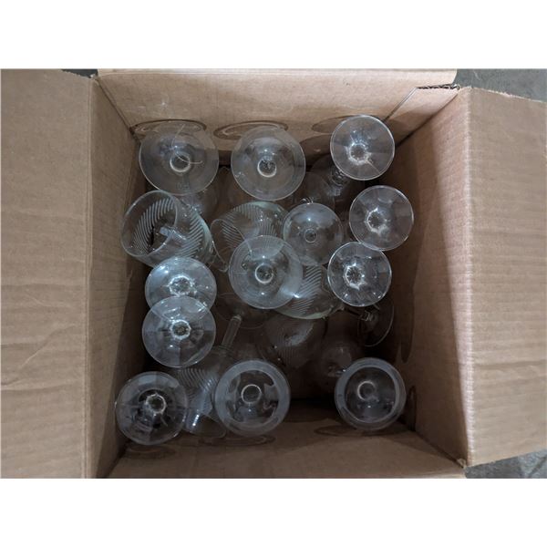 glass ware, assorted wine glasses and mini fish bowl vases.