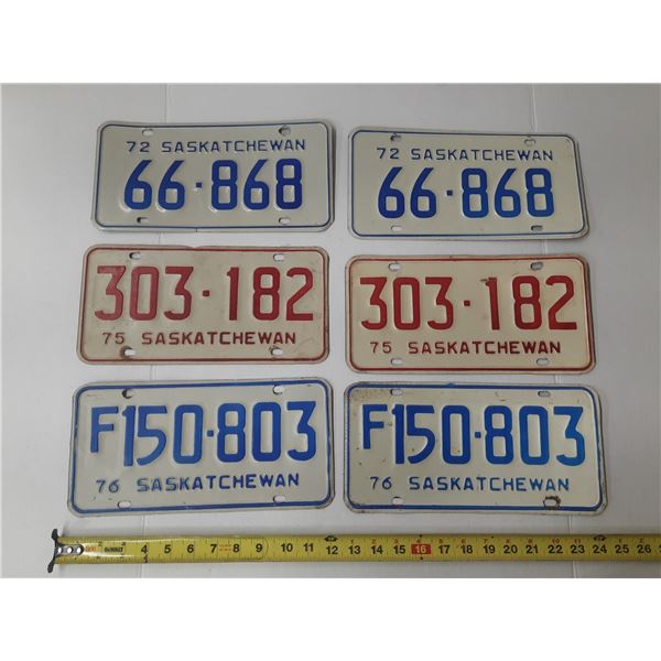 1972, 1975, 1976 Saskatchewan Licence Plates. (In Pair)