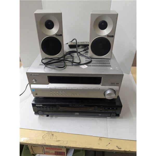 Stereo equipment, 2 speakers, 5  cd changer, surround sound with remote