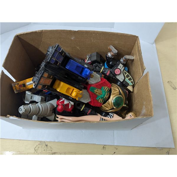 box of vintage toys, mostly power rangers, 1 barbie