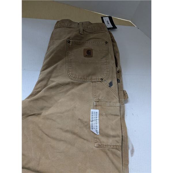 Carhartt pants, tan, used, paint on front, size 38x30