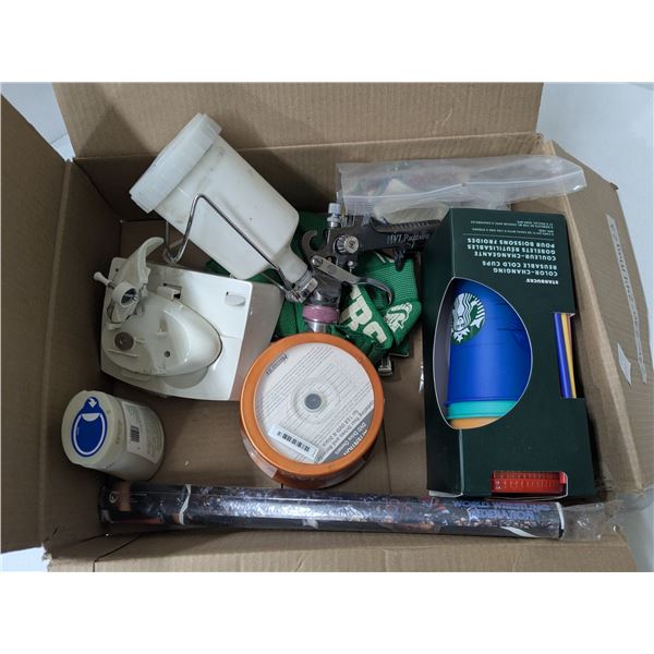 Mixed items, DVD-R in original packaging, used paint gun, sew on patches, color changing cup, electr