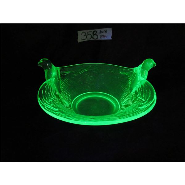 Fentom Uranium Glass BOWL with Flying Bird Handles