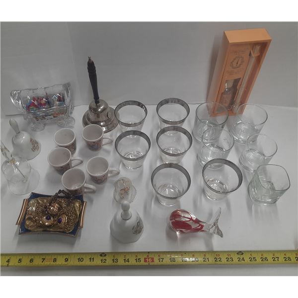 Lot of decorative items, glassware, bells,  etc.
