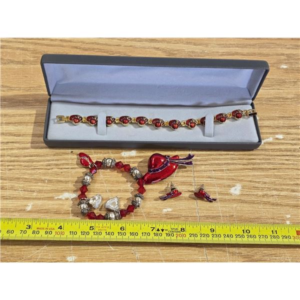 Red hats jewelry - earrings brooch