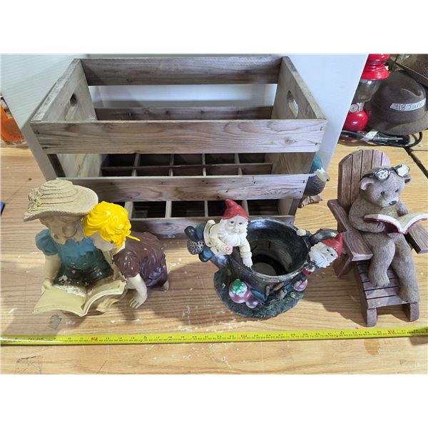 Wood crate and garden statues