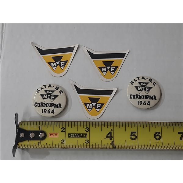 (2) 1964 MF Curl-O=Rama Button Pins w/ MF Decals or Stickers