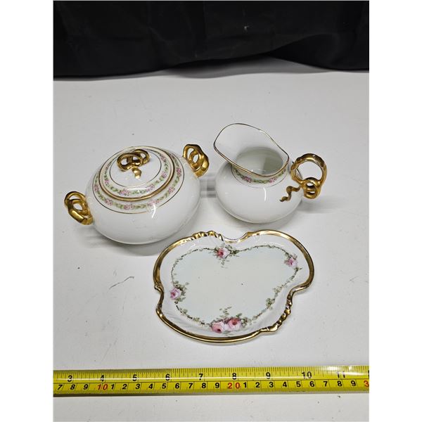 Antique Limoges France Porcelain Creamer & Sugar Bowl Set and Small Tray