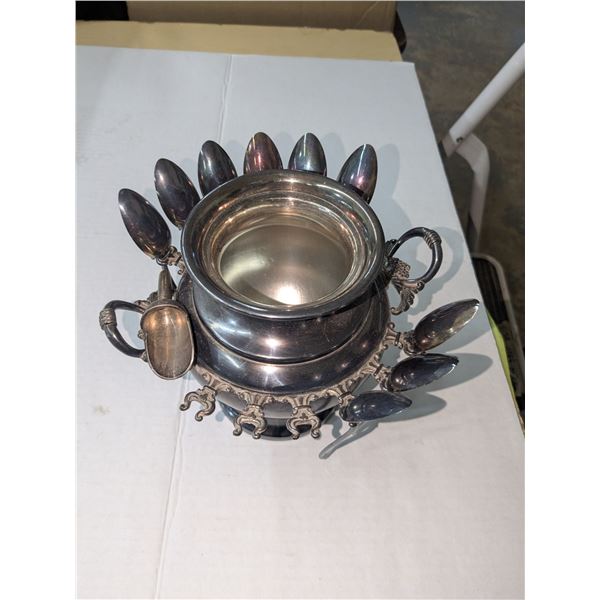 Antique silver sugar dish, missing 3 spoons, comes with 9 spoons and a mini scoop