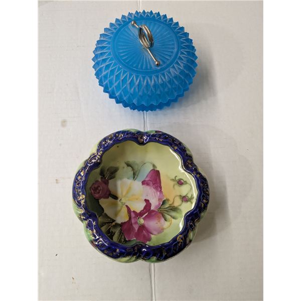 2 candy dishes, one blue with lid, ceramic with floral patterns