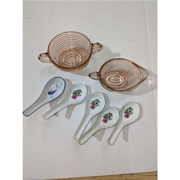 5 porcelain soup spoons and a glass sugar bowl and creamery